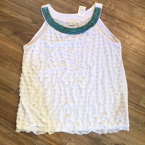 Cato white ruffle turquoise beaded blouse NWT